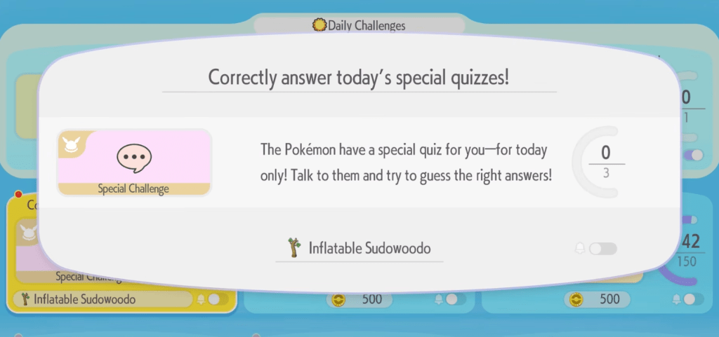 How to Get the April Fools’ Inflatable Sudowoodo in Pokopia 7 A text box from Pokopia asks the player to talk to Pokemon and guess the right answers.