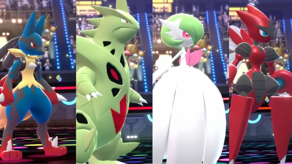 Pokémon Champions Items Tier List: Best Items to Use 6 Lucario, Tyranitar, Gardevoir, and Scizor in their Mega Forms, side by side, in Pokémon Champions