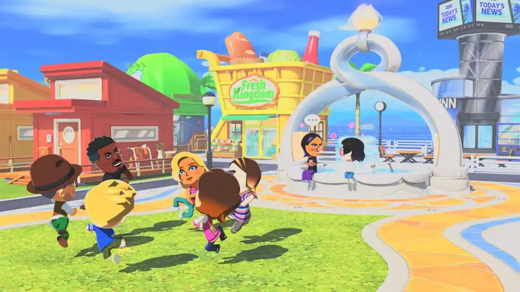 Tomodachi Life: Living the Dream Countdown — Exact Start Time & Date 6 Characters gathered in plaza by well in tomodachi life living the dream