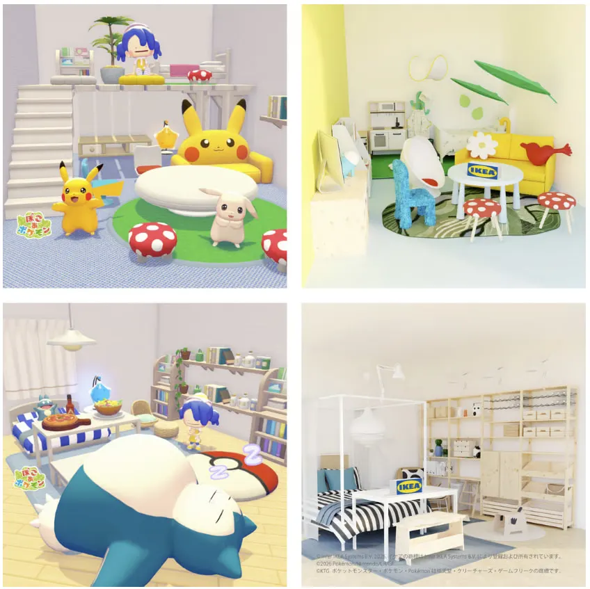 Ultimate Guide to All Limited-Time Events in Pokopia 6 Several square images show Pokemon next to IKEA furniture.