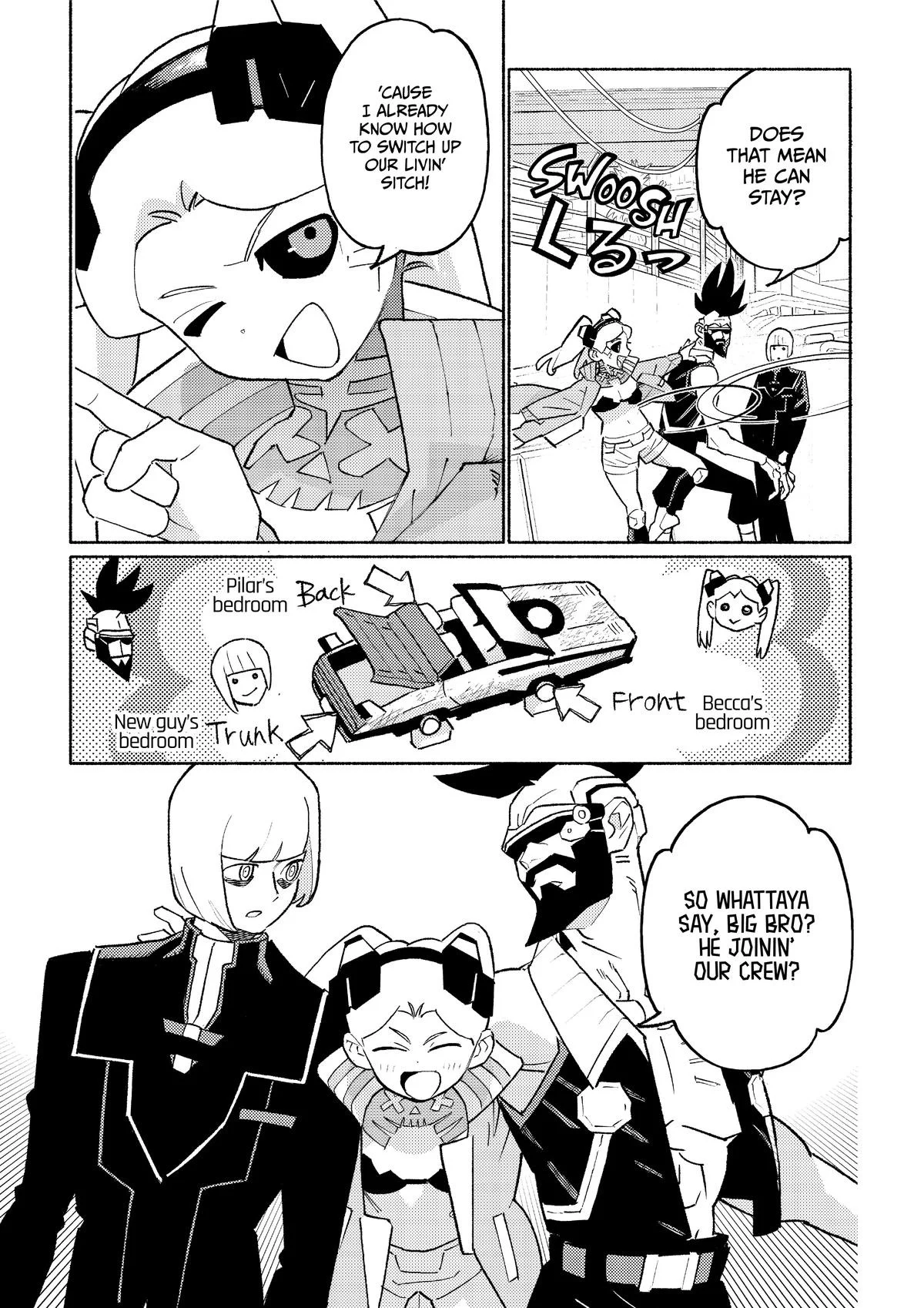 Cyberpunk: Edgerunners Prequel Manga Deepens Night City 8 Cyberpunk: Edgerunners Madness manga page of Pilar, Becca and their friend deciding their sleeping arrangements.