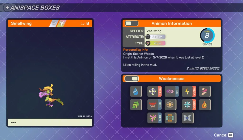 All Animon Types & How They Work in LumenTale: Memories of Trey 6 A screenshot from LumenTale showing the weaknesses of Smellwing, a Virus bird Animon.