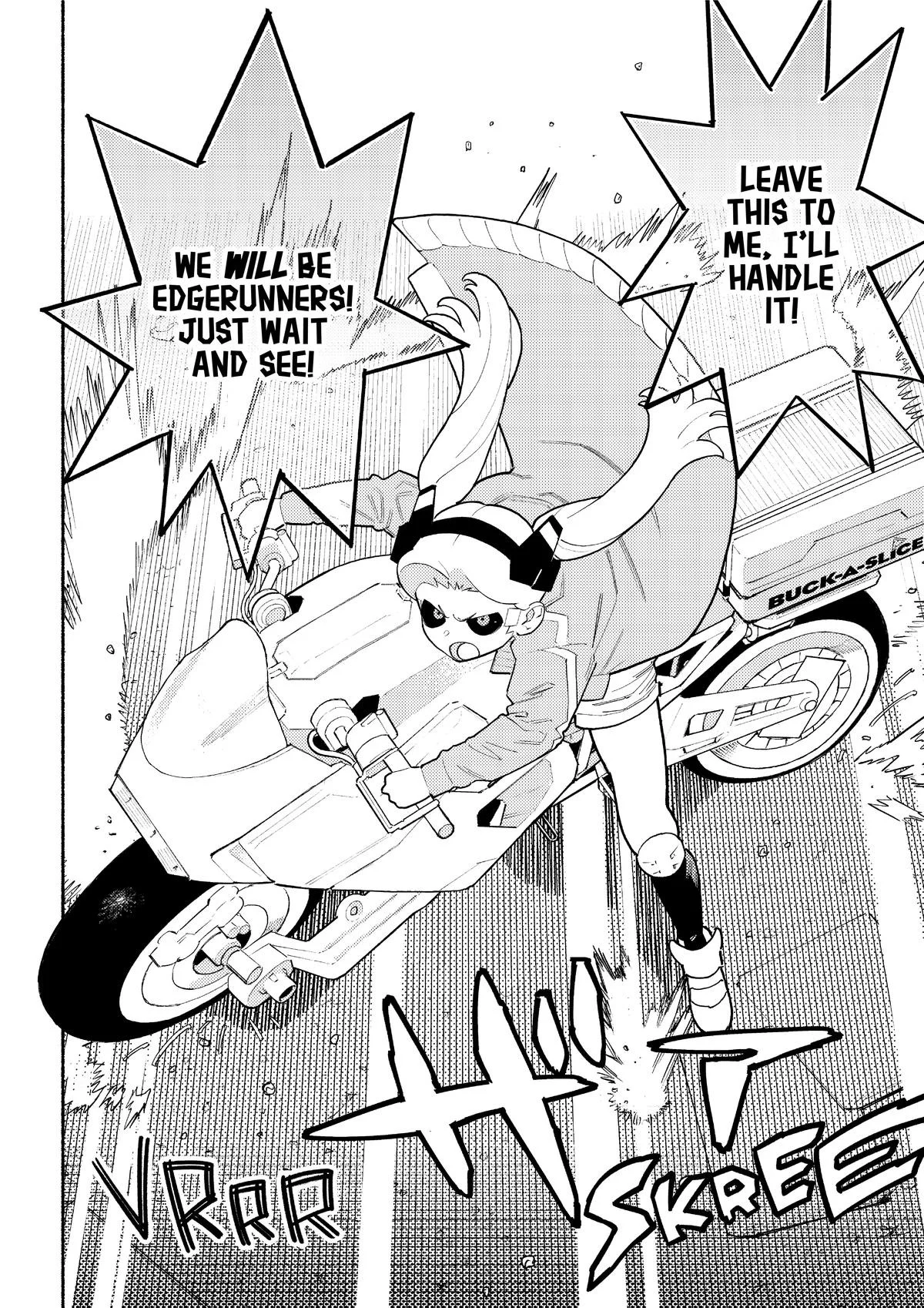 Cyberpunk: Edgerunners Prequel Manga Deepens Night City 6 Cyberpunk Edgerunners Madness page of Rebecca drifting on a motorcycle.
