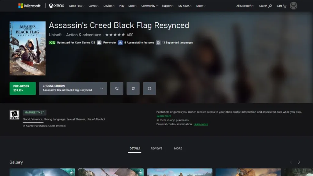 Assassin’s Creed Black Flag Resynced Preload: Start Times & File Size 9 Assassin's Creed Black Flag Resynced on the Xbox Microsoft Store with the price and Pre-Order button