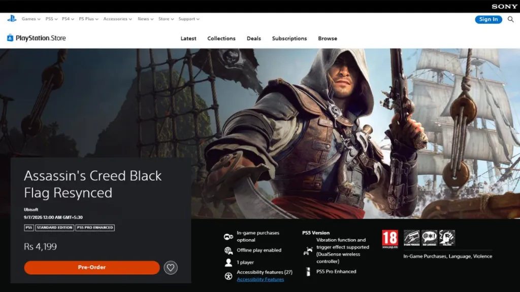 Assassin’s Creed Black Flag Resynced Preload: Start Times & File Size 8 Assassin's Creed Black Flag Resynced on the PlayStation Store with the price and Pre-Order button