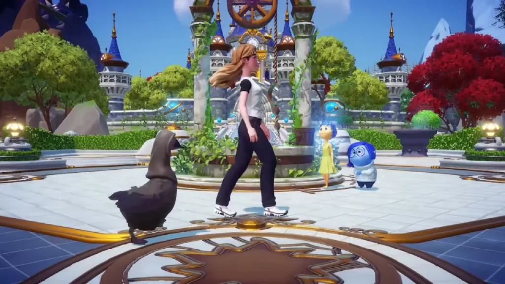 Disney Dreamlight Valley Pixel Perfect Update Patch Notes 8 Player walking with goose by joy and sadness in memory mania event in disney dreamlight valley
